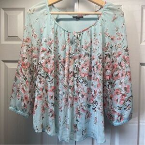 Sara Michelle Women’s Blouse Size XL Sheer Pale Blue Floral W/Pink Flowers Lined